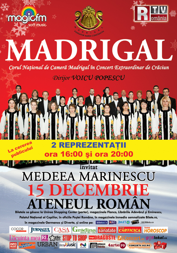 O noua reprezentatie cu traditionalele colinde ale MADRIGALULUI pe 15 decembrie la Ateneul Roman