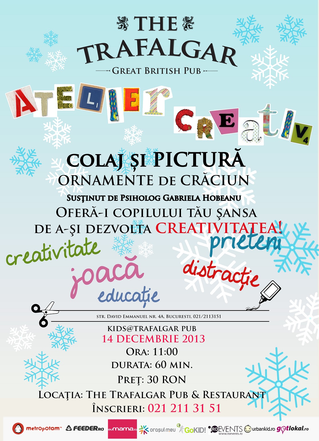 Atelier creativ pentru copii de colaj, pictura si ornamente de Craciun in Trafalgar