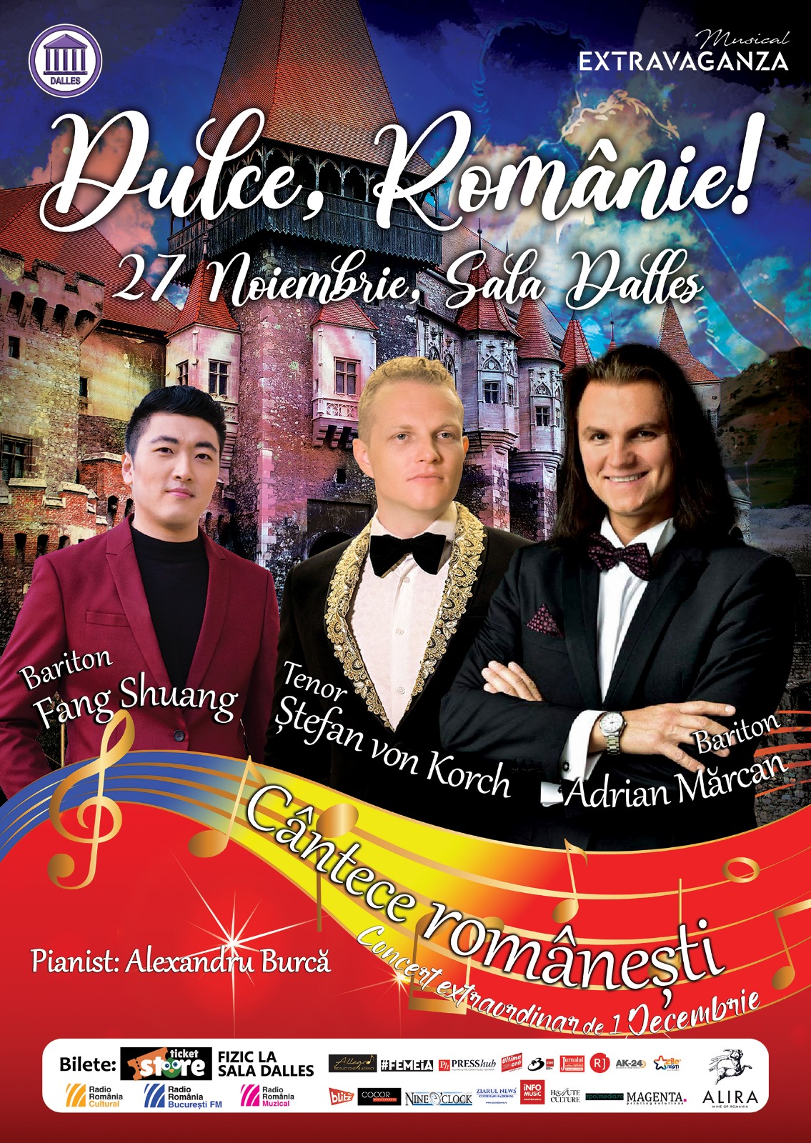DULCE ROMÂNIE concert dedicat Zilei Naţionale cu tenorul ŞTEFAN von KORCH, ADRIAN MĂRCAN şi FANG SHUANG pe 27 Noiembrie la Sala Dalles